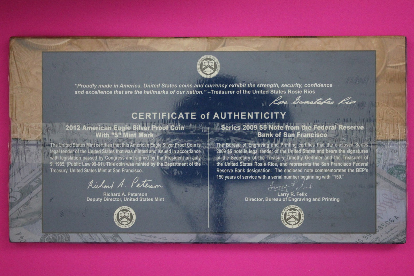 Mint Sealed 2012 Coin & Currency Set Proof 1 OZ Silver Eagle & $5 Note COA 9017