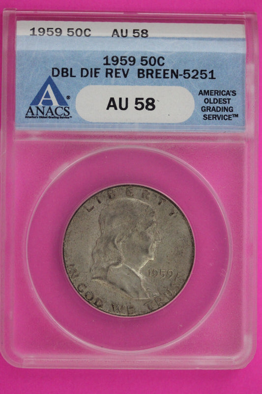 1958 P AU 58 DDR Ben Franklin Silver Half Dollar ANACS Double Die Reverse 06