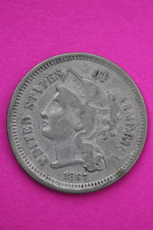 1867 Three 3 Cent Nickel Scarce Semi Key Date Type Coin Philadelphia Mint 164
