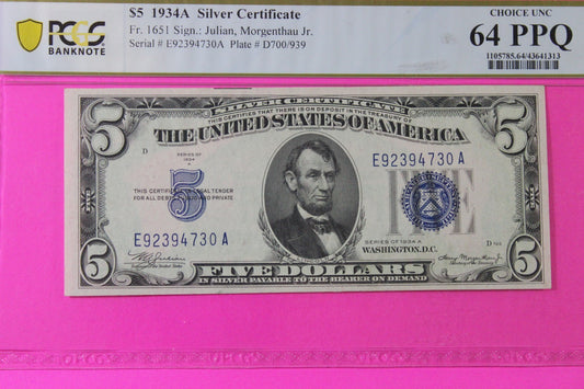 1934 A Choice Unc 64 PPQ $5 Five Dollars Silver Certificate PCGS Graded Note 315