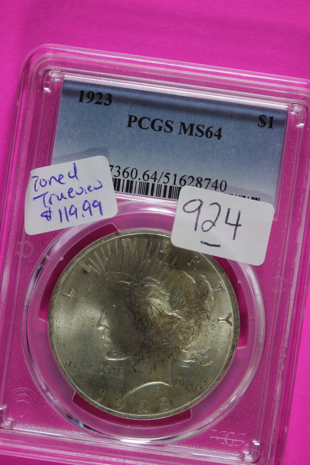 Toned 1923 P MS 64 Peace Silver Dollar PCGS Graded Certified Authentic Slab 924