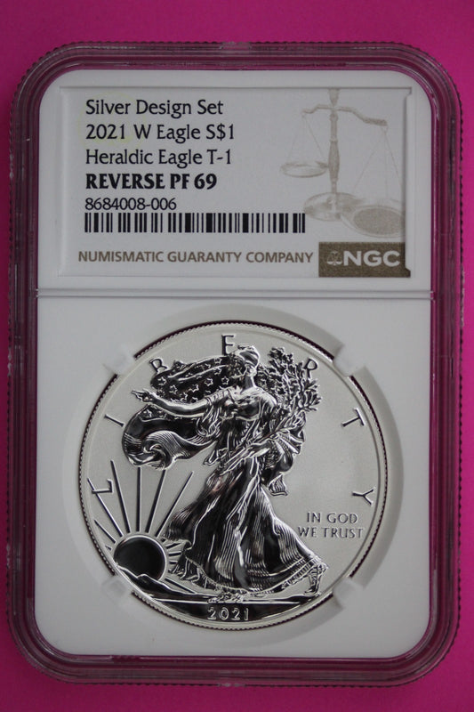 2021 W T1 Reverse Proof Silver Eagle PF 69 One Coin From Design Set NGC Slab 67