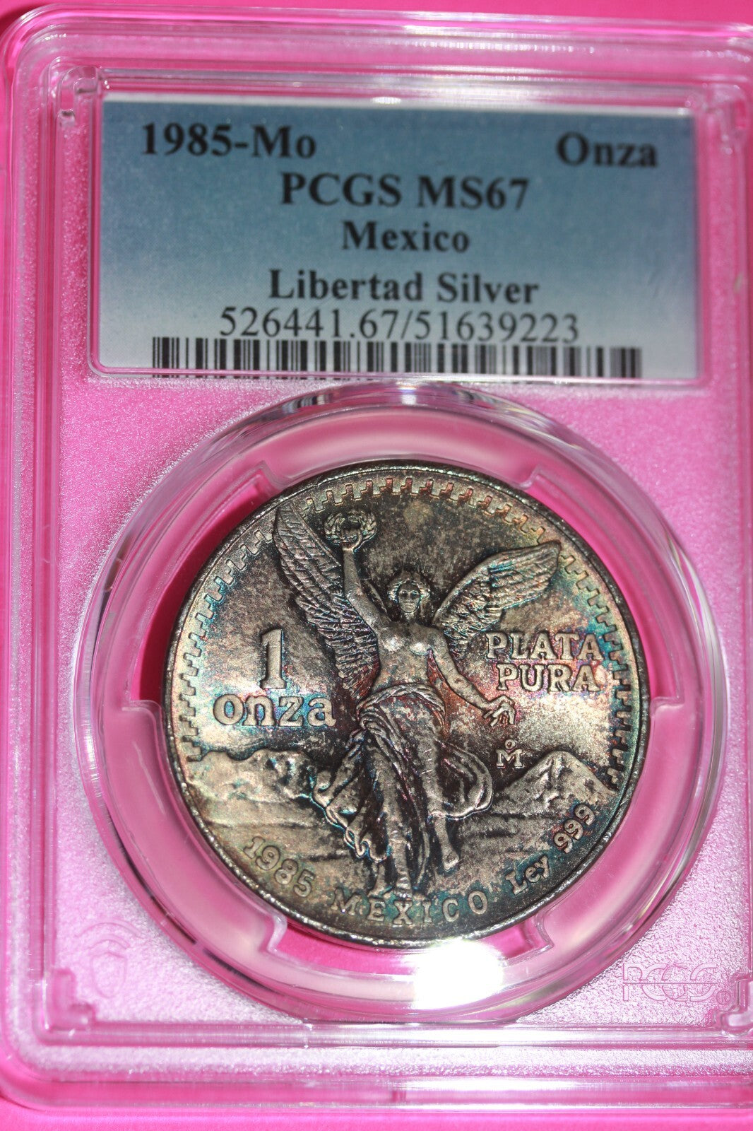 Rainbow Toned 1985 MS 67 Libertad Mexico 1 OZ Silver Coin PCGS Certified 111
