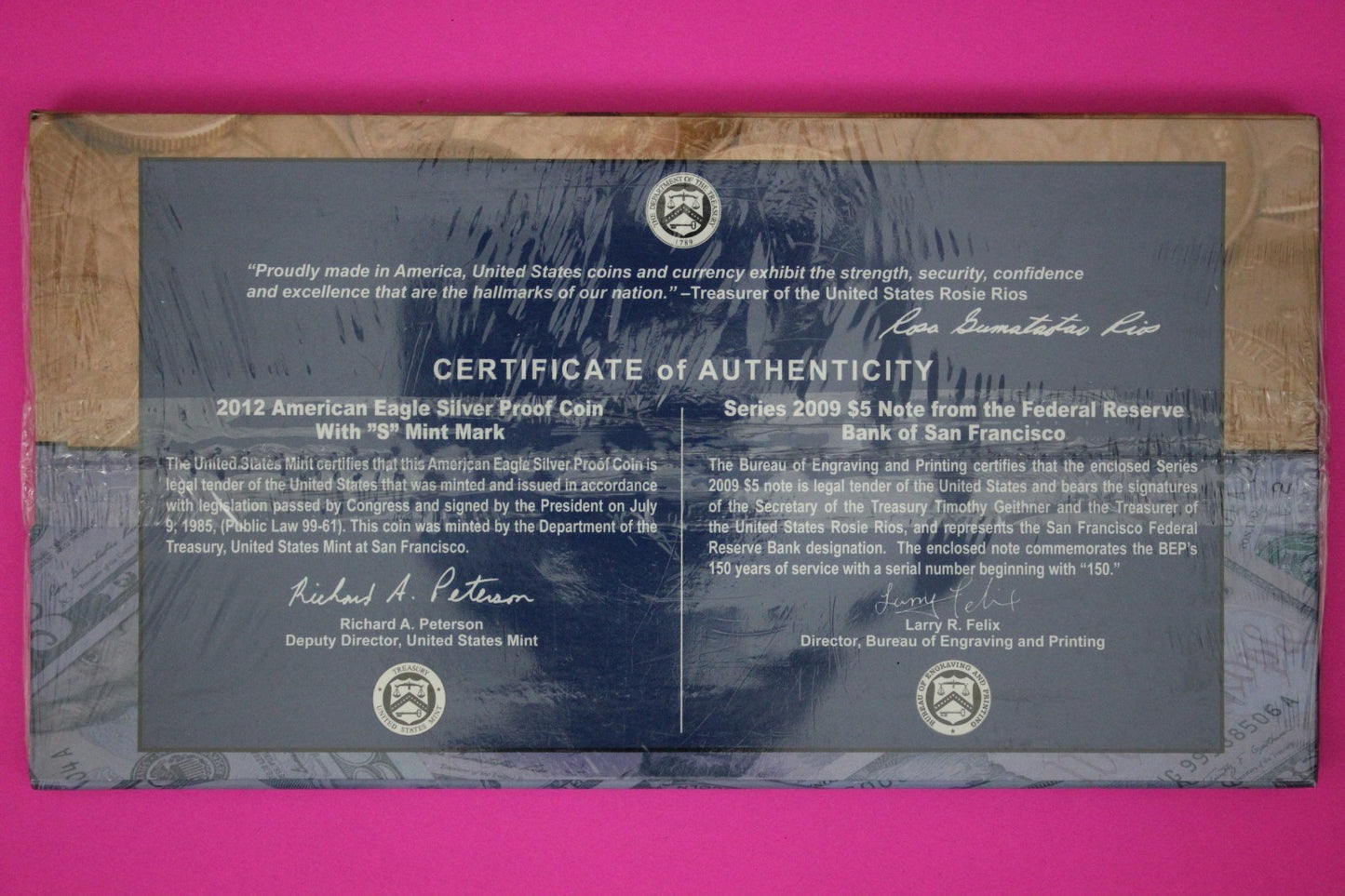Mint Sealed 2012 Coin & Currency Set Proof 1 OZ Silver Eagle & $5 Note COA 9013