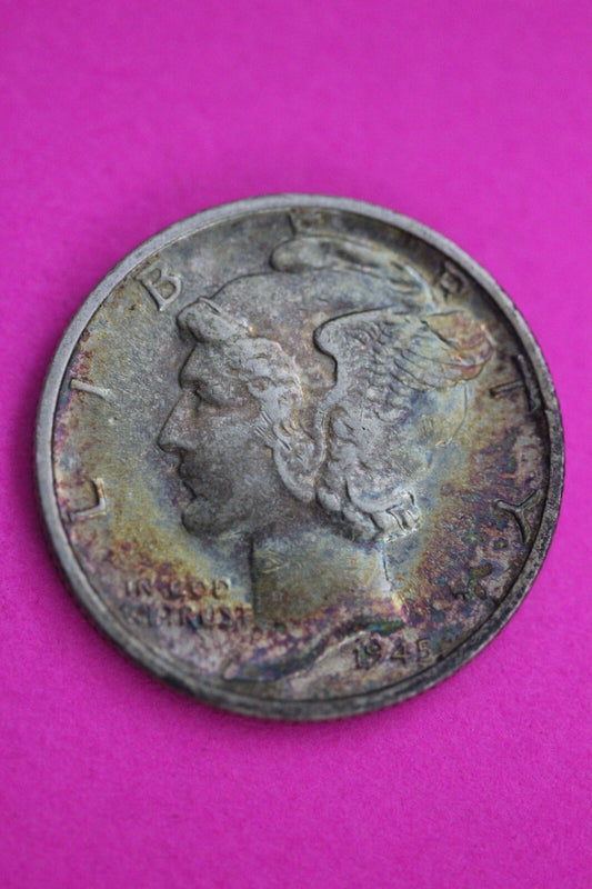 Toned 1945 D Mercury Dime 90% Silver Guaranteed Authentic & Genuine Coin 1001