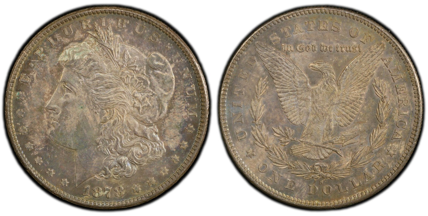 Rainbow Toned 1878 S MS 62 Morgan Liberty Silver Dollar PCGS Certified Slab 196