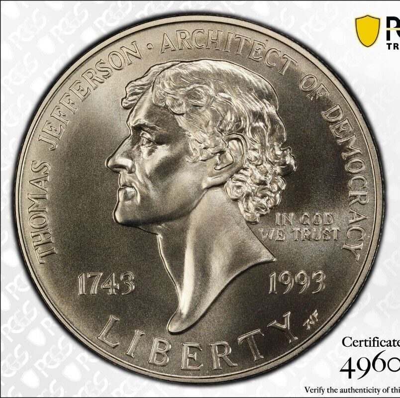 Toned 1993 P MS 69 Jefferson Commemorative Silver Dollar PCGS Graded Slab 435