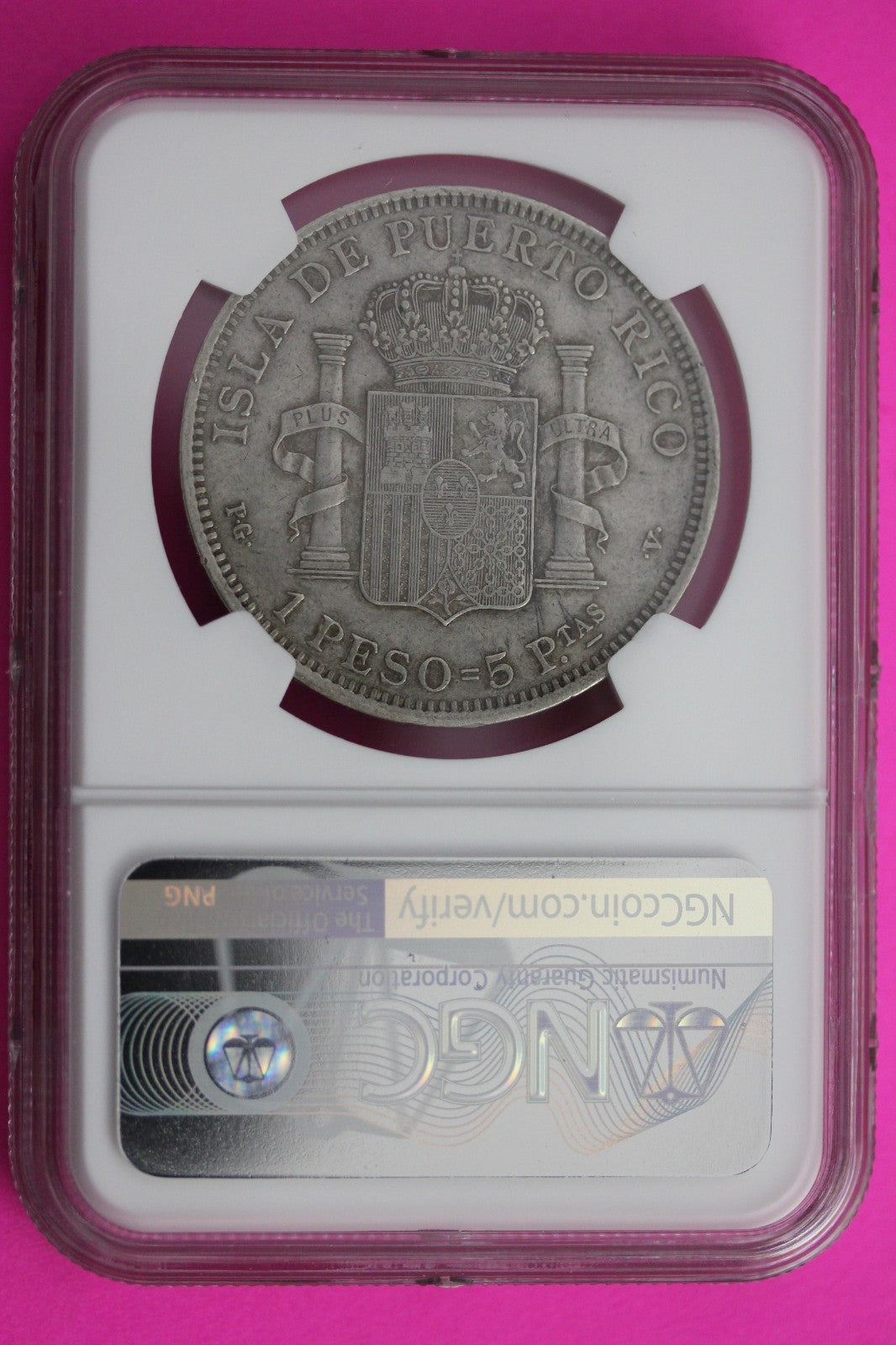 1895 PGV Puerto Rico XF 40 Peso Silver Coin NGC Certified Graded Authentic 654