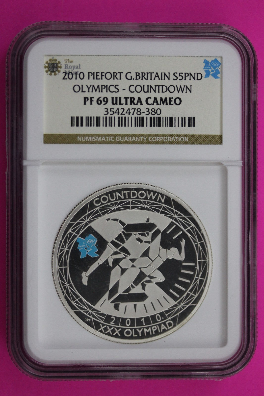 2010 PF 69 Piefort Great Britain Olympics Countdown 1.6 OZ Silver NGC Slab 6020