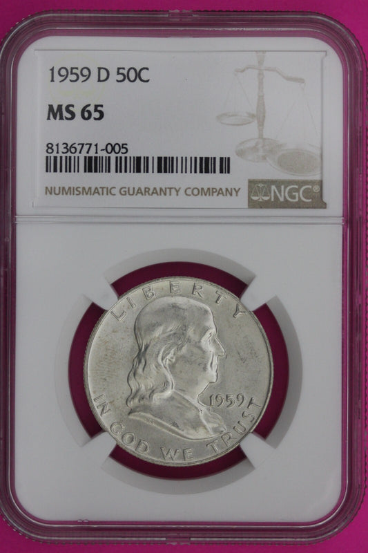 Full Bell Lines 1959 D MS 65 FBL Ben Franklin Half Dollar Silver Coin NGC 948