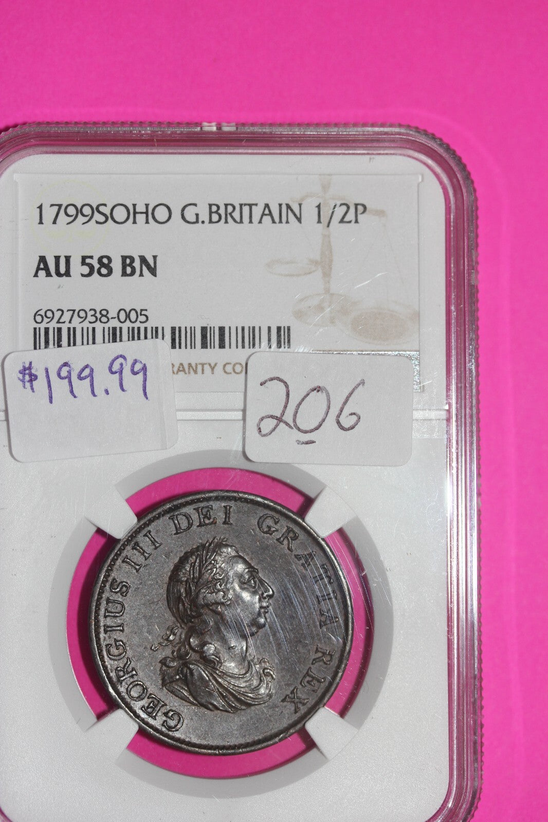 1799 AU 58 BN Great Britain Half Penny NGC Authentic Certified Authentic 206