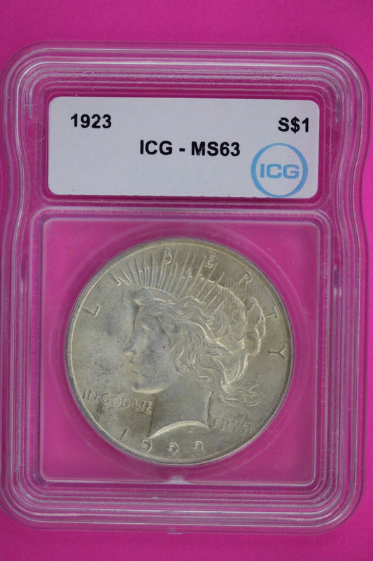 1923 P MS 63 Liberty Peace Silver Dollar ICG Certified Graded Authentic Slab 855