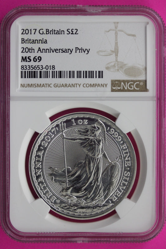 2017 MS 69 Great Britain £2 Britannia 20th Anniversary Privy NGC Graded Slab 722