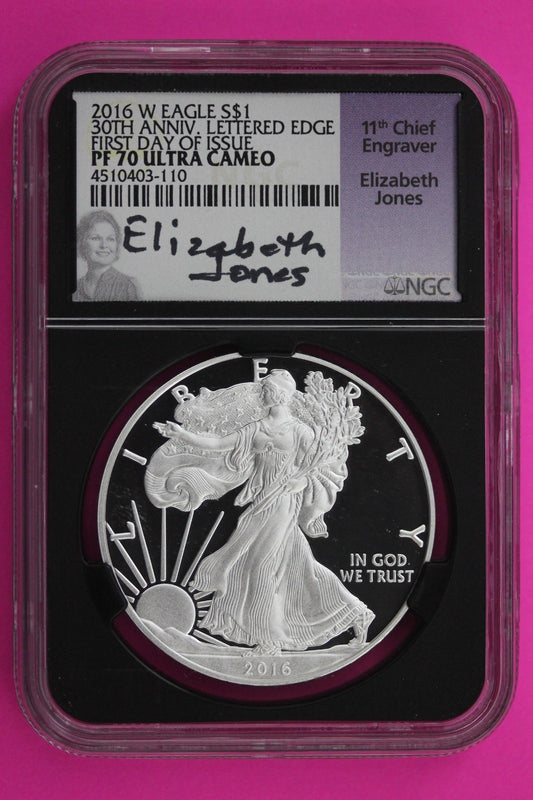 2016 W PF 70 Proof DCAM Silver American Eagle Lettered Edge NGC Jones Sig 534