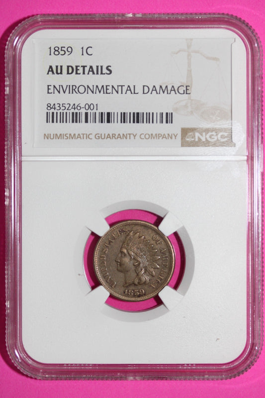1859 Indian Head Cent Penny AU Details NGC Environmental Damage Certified 911