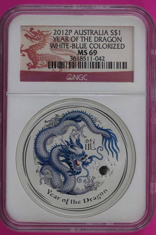 2012 P MS 69 Colorized Australia Year Of The Dragon $1 Silver Coin NGC Slab 968