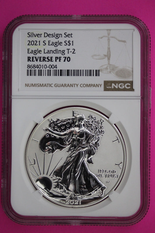 2021 S T2 Reverse Proof Silver Eagle PF 70 One Coin From Design Set NGC Slab 82
