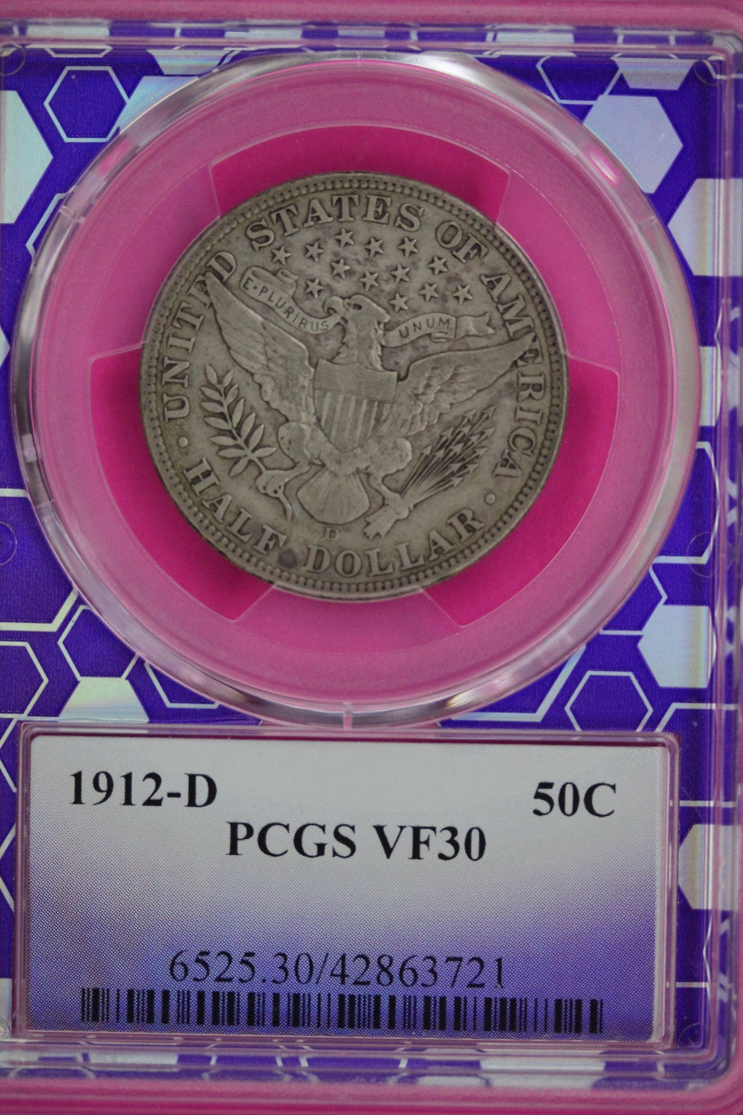 1912 D VF 30 Barber Liberty Half Dollar Silver Coin PCGS Trader Bea Label 946