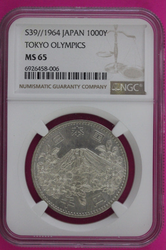 1964 MS 65 Japan S39 1000 Yuan Tokyo Olympics Silver Coin NGC 109
