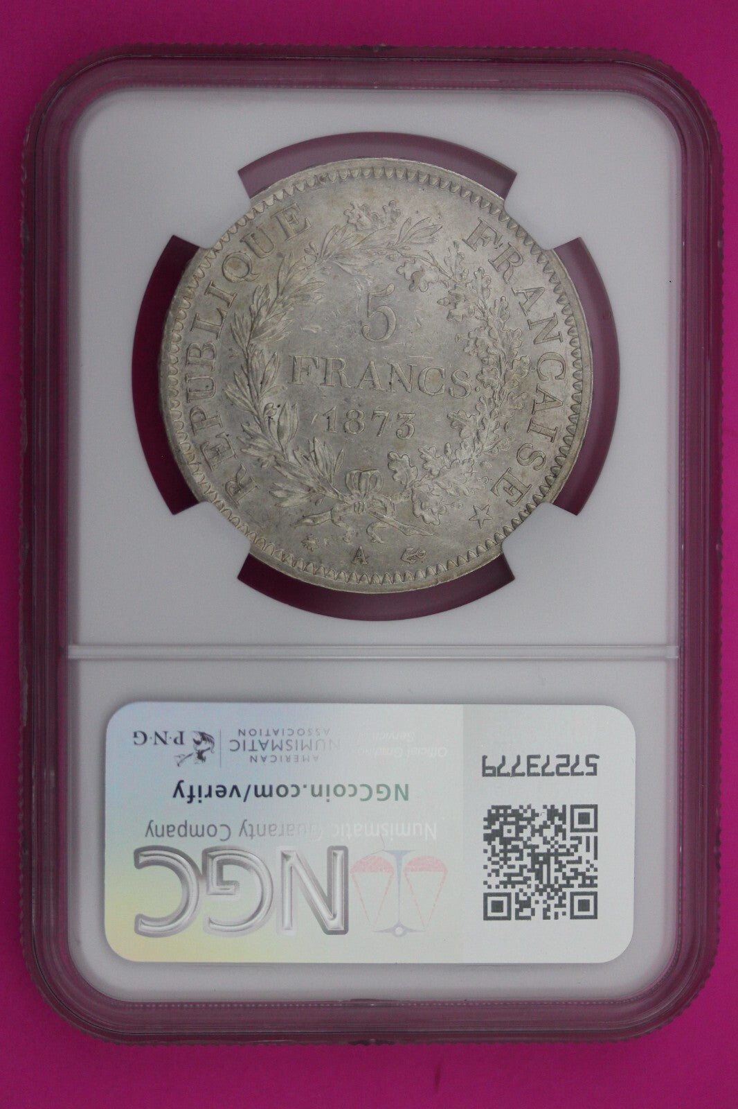 1873 MS 61 France 5 Francs Silver Coin NGC Certified Graded Authentic Slab 214