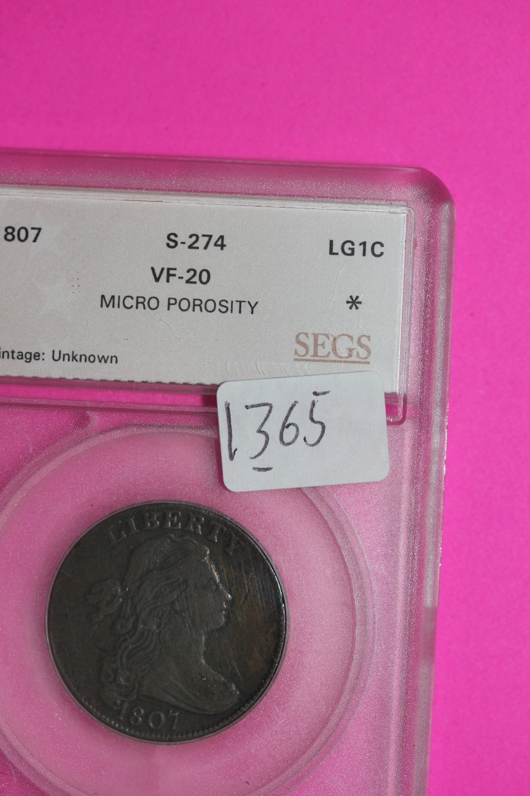 1807 Large Cent S-207 Draped Bust Large Cent Guaranteed Authentic Coin Slab 1365
