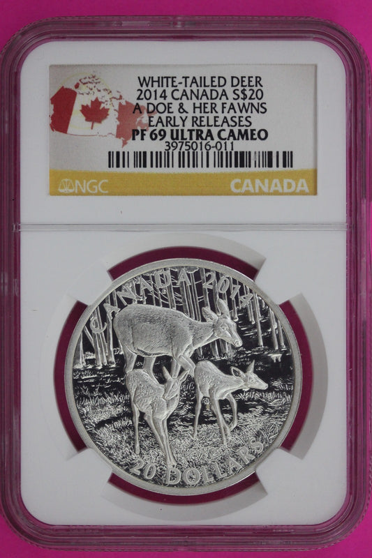 2014 PF 69 White Tailed Deer Doe & Fawns Canada 1 OZ Silver $20 NGC Graded 851