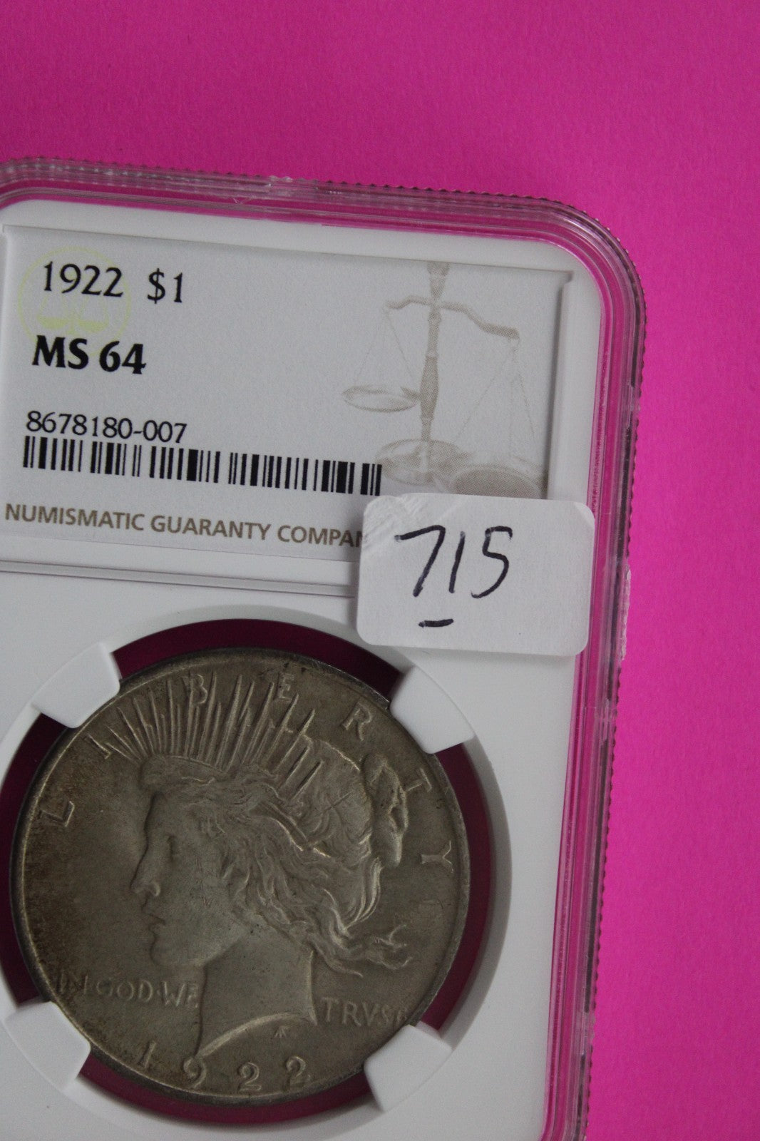 1922 P MS 64 Liberty Peace Silver Dollar NGC Certified Graded Authentic 715
