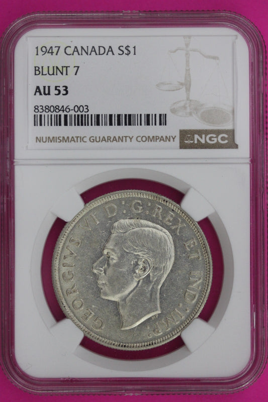 1947 AU 53 Blunt 7 Canada Silver Dollar  NGC Certified Authentic Genuine 874