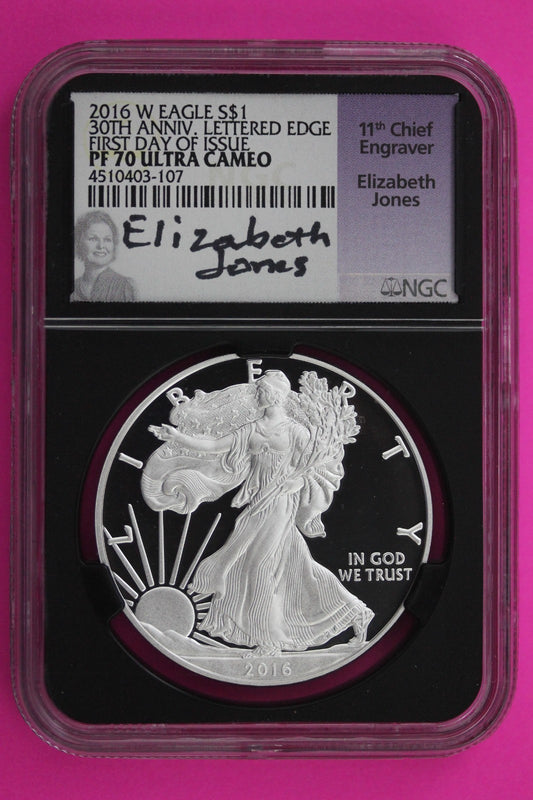 2016 W PF 70 Proof DCAM Silver American Eagle Lettered Edge NGC Jones Sig 536