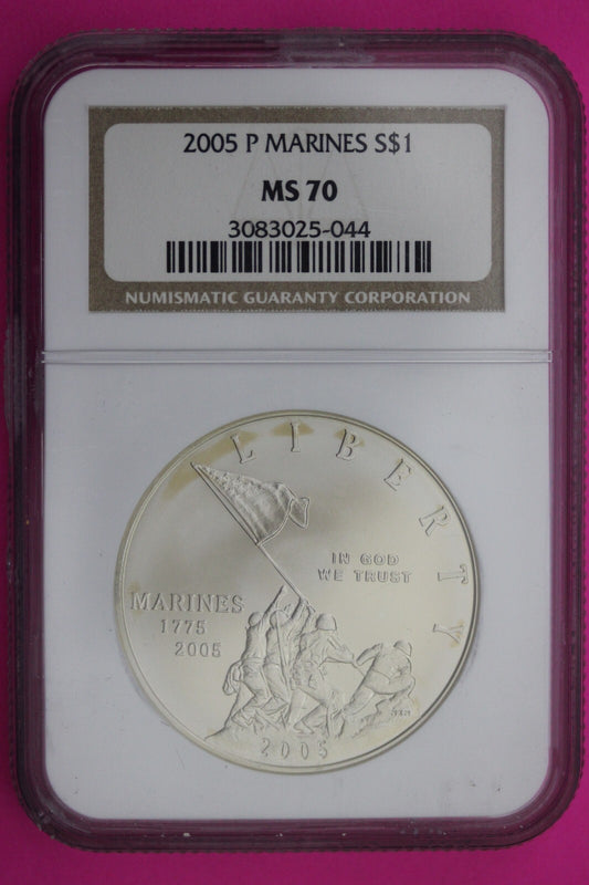 2005 P MS 70 Marines Commemorative Silver Dollar NGC Graded Authentic Slab 308