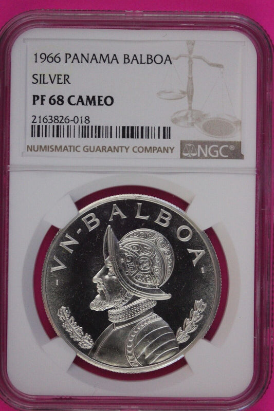 1966 Panama PF 68 Cameo Proof Silver Balboa NGC Certified Graded Slab 1082