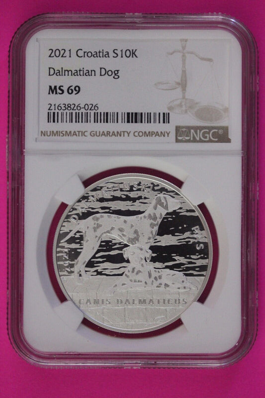 2021 Dalmation Dog MS 69 Croatia 10k Kuna 1 OZ Silver NGC Certified Slab 1101
