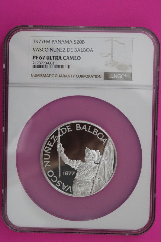 1977 Panama PF 67 Ultra Cameo Proof Silver 20 Balboa NGC Certified Graded 7028