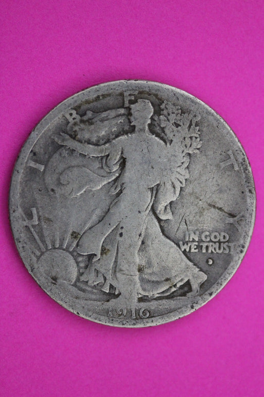 1916 D OBV Walking Liberty Silver Half Dollar Walker Graffitti Authentic 0266N