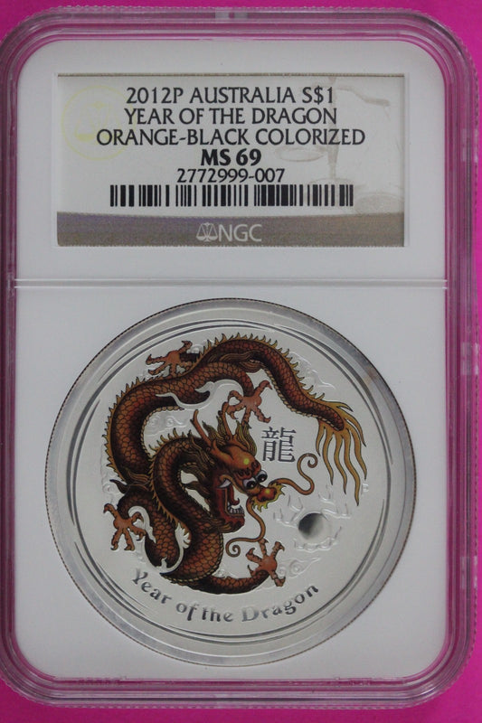 2012 P MS 69 Colorized Australia Year Of The Dragon $1 Silver Coin NGC Slab 973