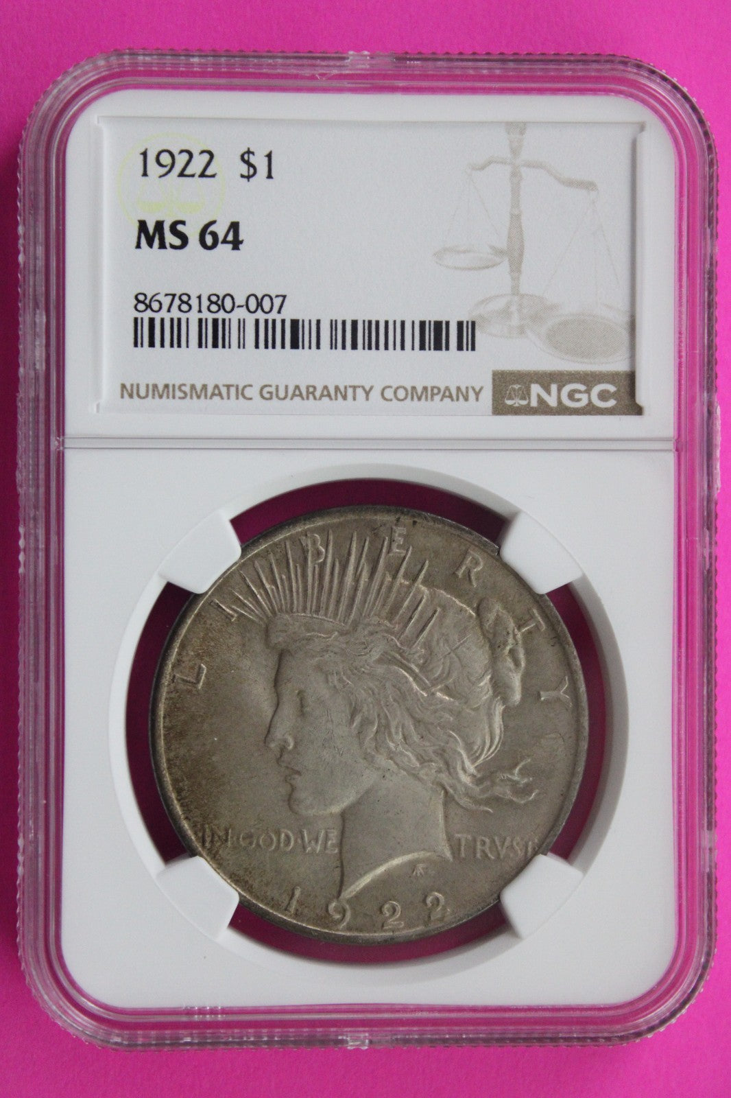1922 P MS 64 Liberty Peace Silver Dollar NGC Certified Graded Authentic 715