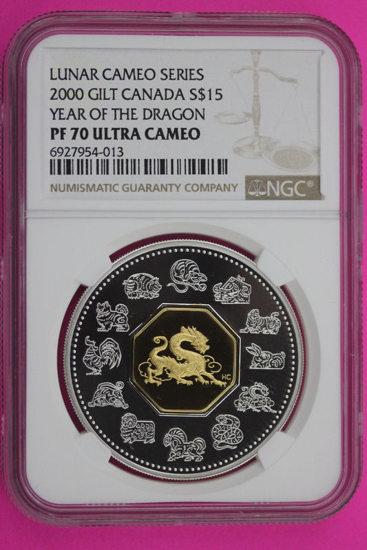 Rare Top Pop 2000 PF 70 Gilded Canada $15 Proof Year Of The Dragon Lunar NGC 185
