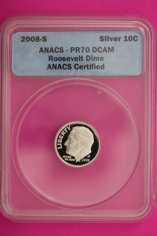 2008 S PR 70 Roosevelt Silver Dime Deep Cameo ANACS Certified Graded Slab 415
