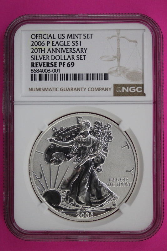 2006 P Reverse PF 69 Eagle From Mint 20th Anniversary Silver Dollar Set NGC 95