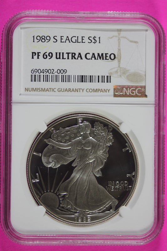 1989 S PF 69 Silver American Eagle Deep Cameo Authentic Proof Coin NGC Slab 978