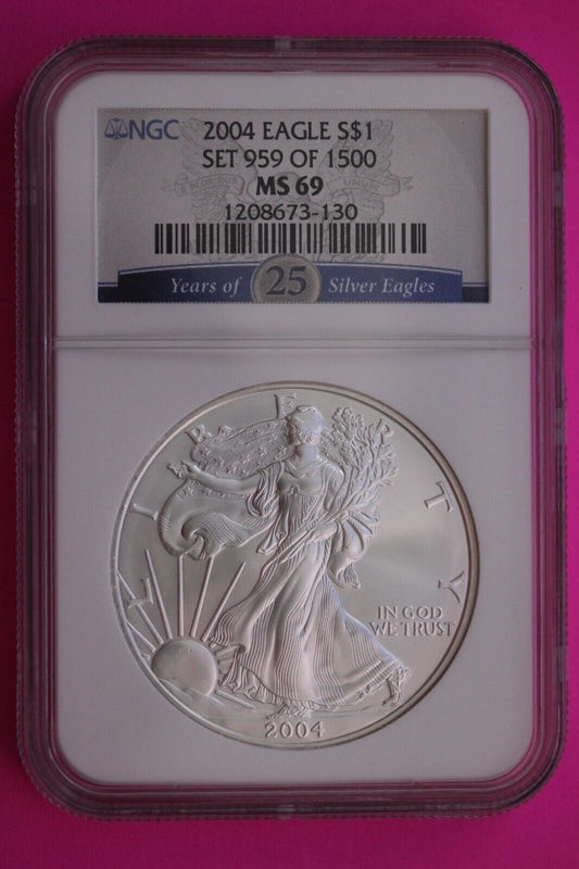 2004 MS 69 American Silver Eagle 1 OZ NGC Slab Special Label Set 959 of 1500 371