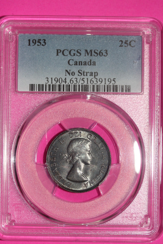 Rainbow Toned 1953 MS 63 Canada Quarter No Strap PCGS Certified Graded Slab 1206