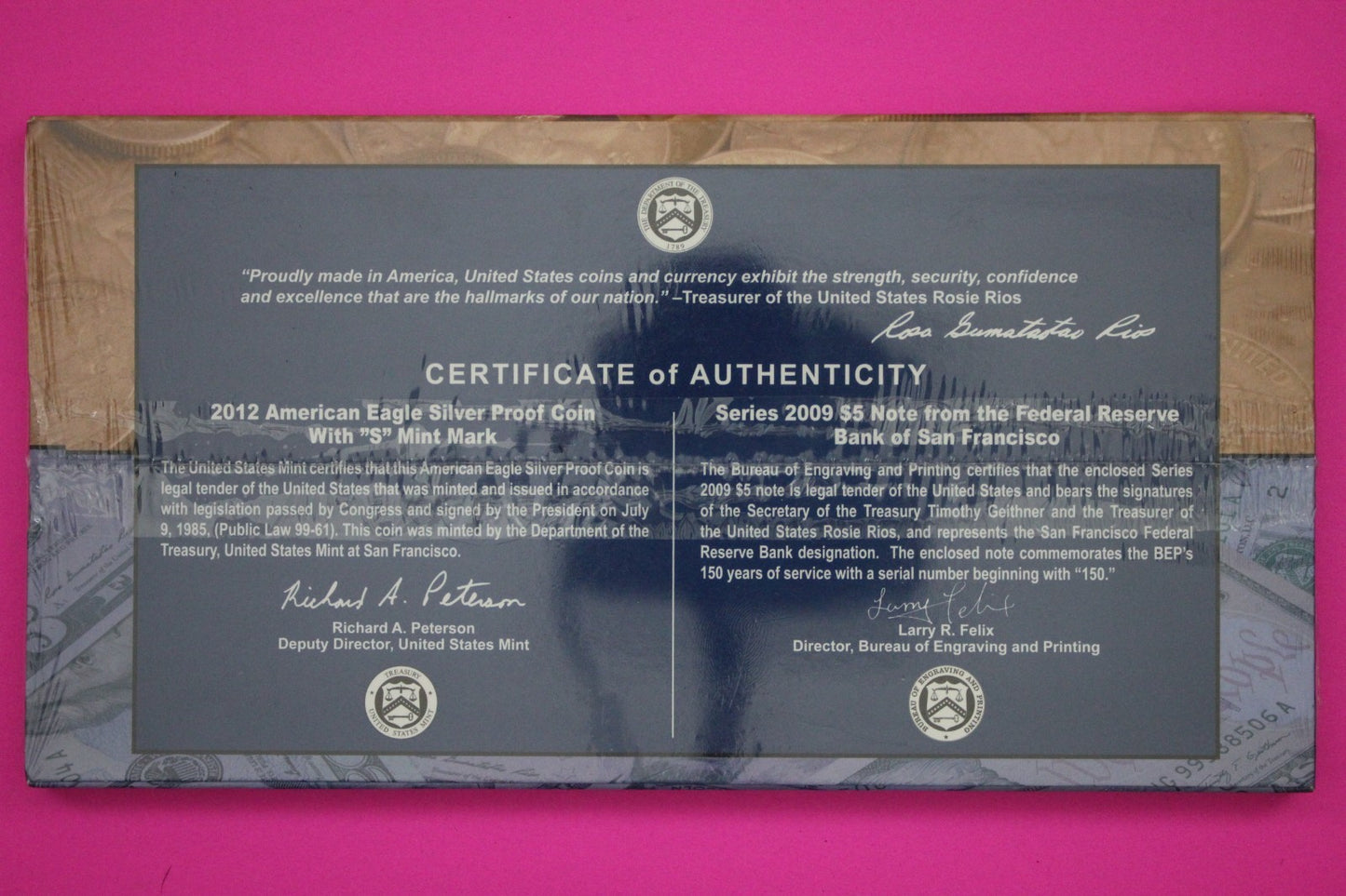 Mint Sealed 2012 Coin & Currency Set Proof 1 OZ Silver Eagle & $5 Note COA 9019
