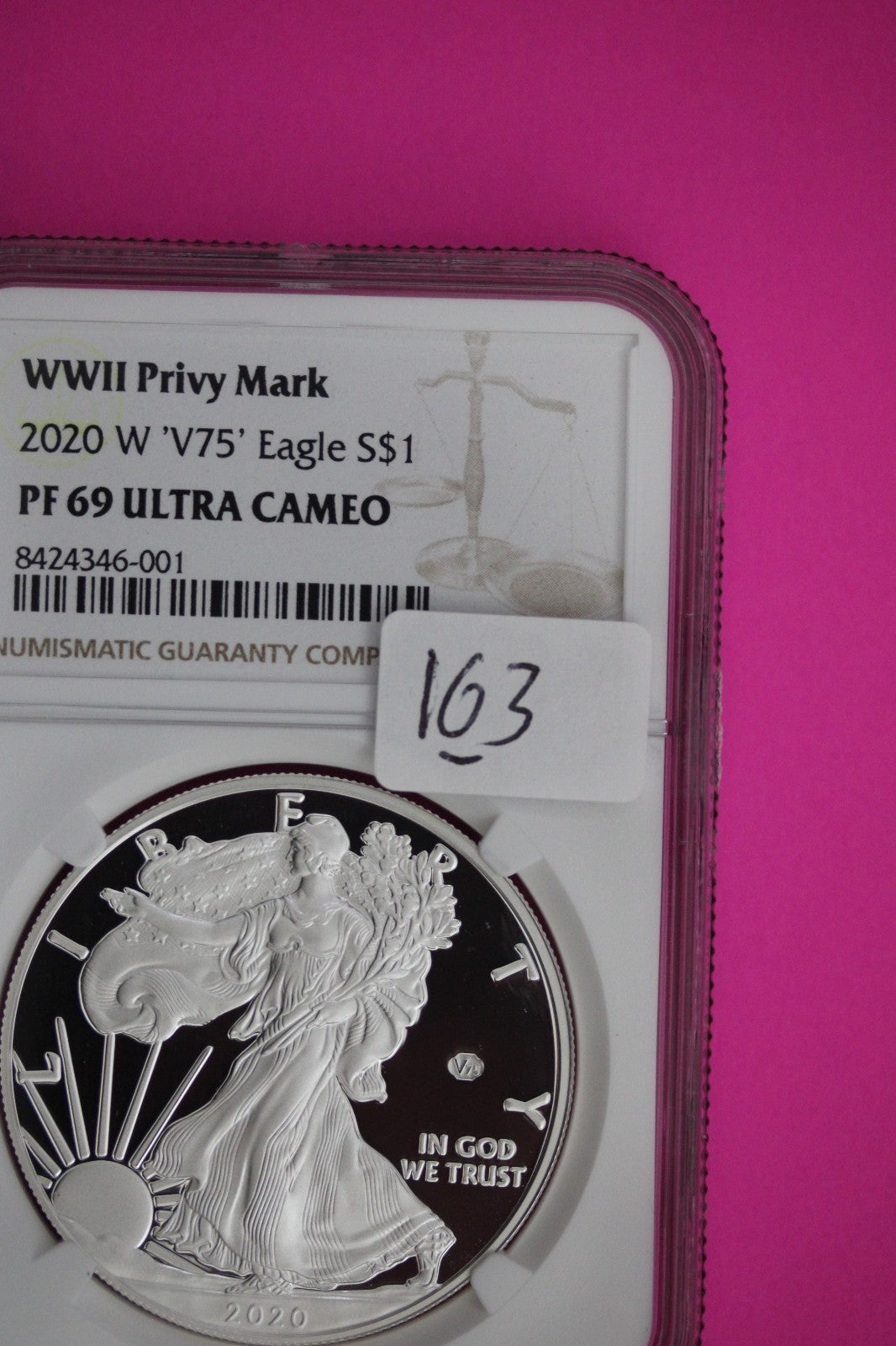 2020 W 'V75' PF 69 Silver Eagle WWII Privy Mark Ultra Cameo NGC Graded Slab 163