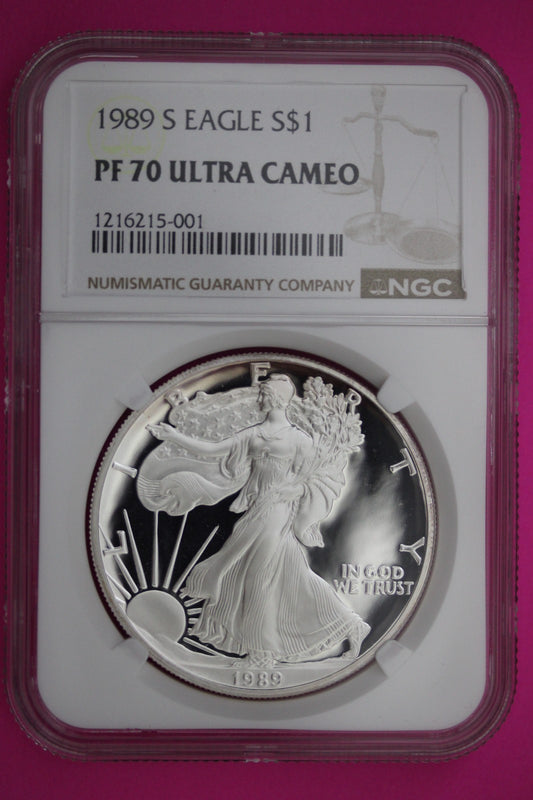 1989 S PR 70 Silver Eagle Proof Ultra Cameo 1 OZ NGC Graded Authentic Slab 895
