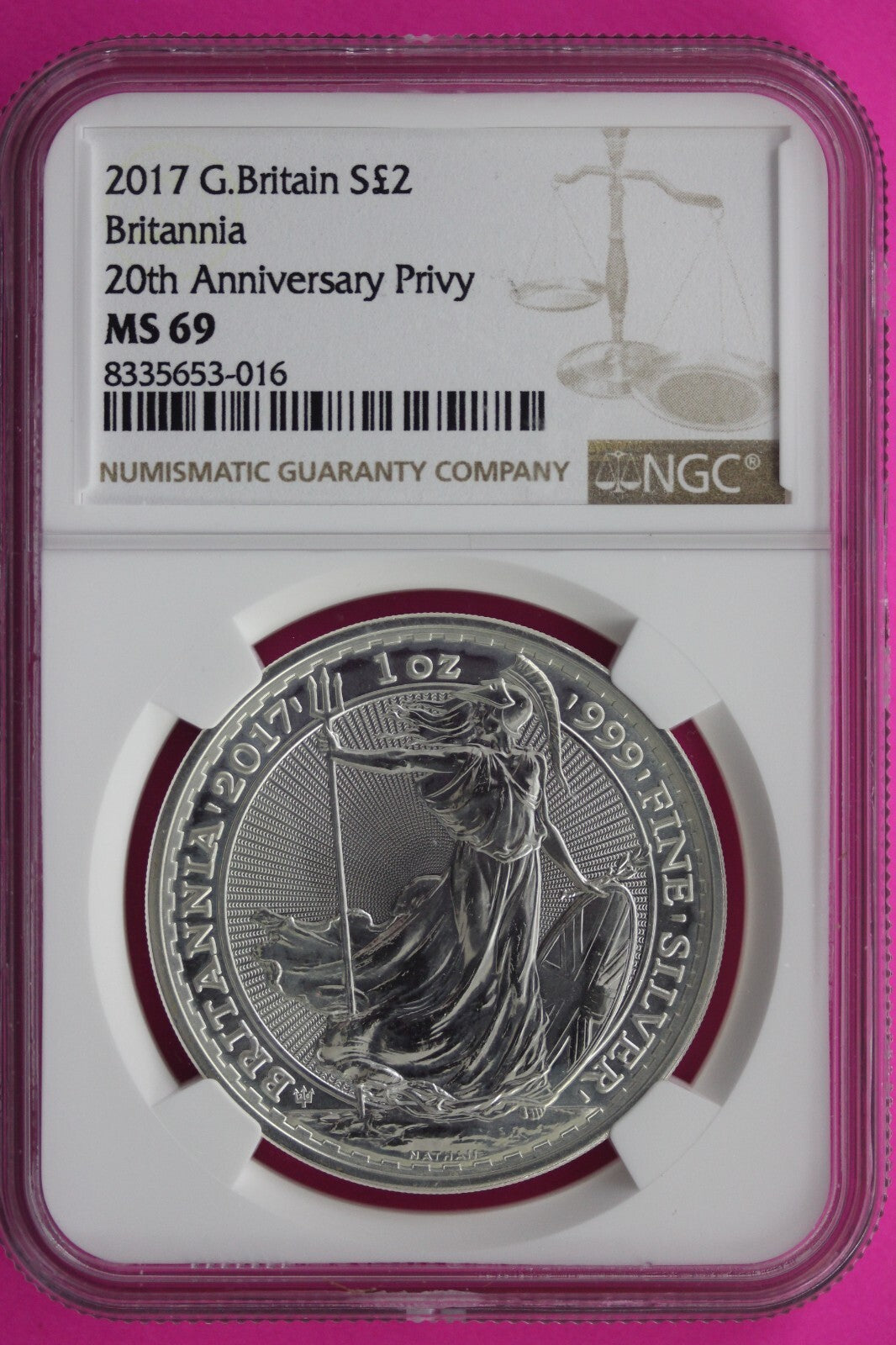 2017 MS 69 Great Britain £2 Britannia 20th Anniversary Privy NGC Graded Slab 748