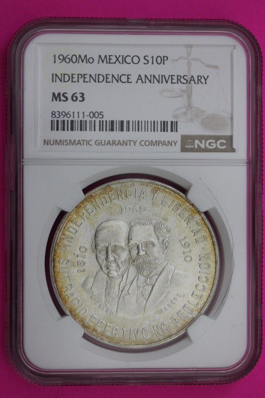 1960 MS 63 Mexico 10 Pesos Silver Coin NGC Authentic Graded Authentic Slab 564