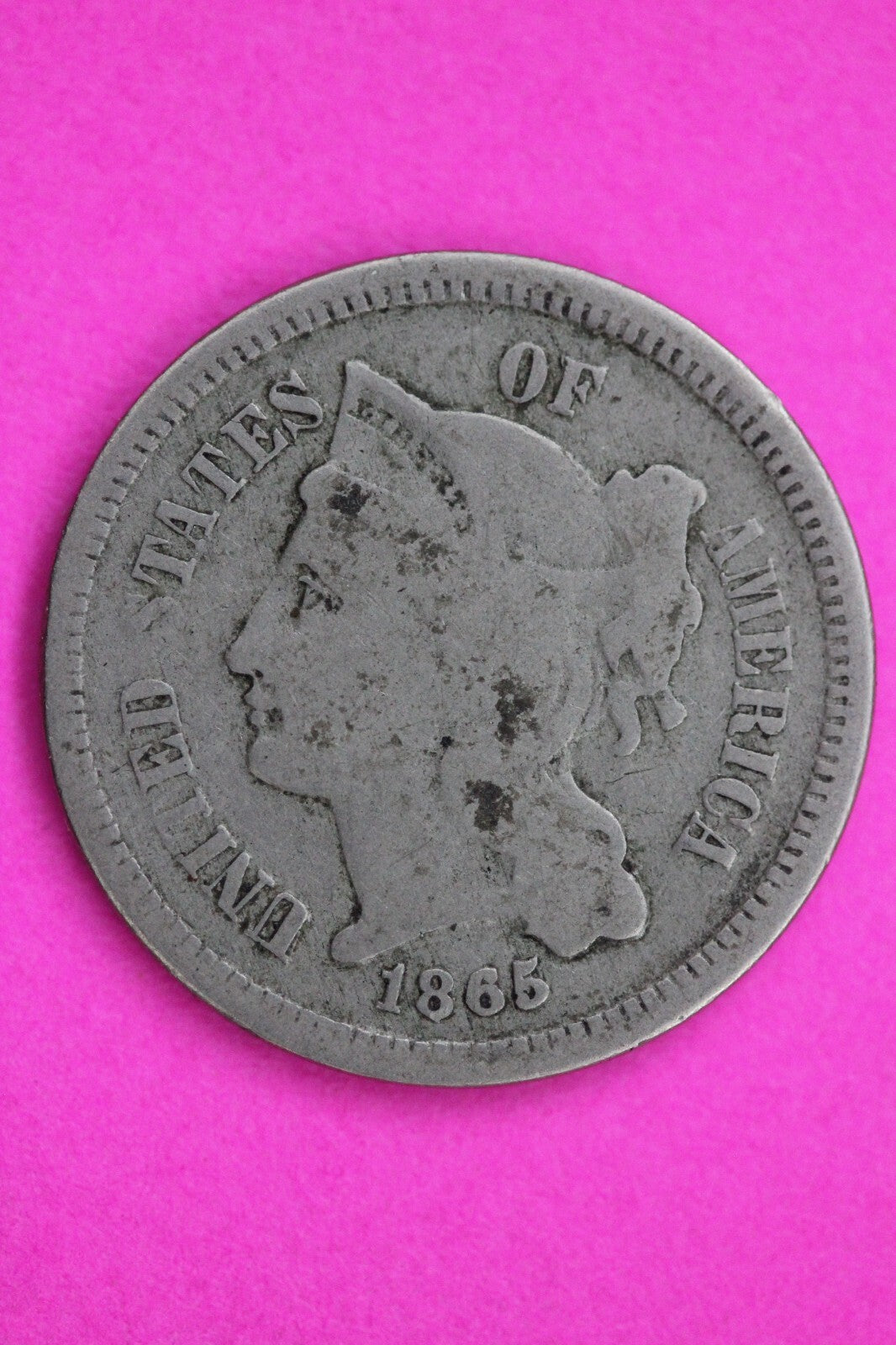 1865 Three 3 Cent Nickel Guaranteed Authentic & Genuine Fast Free Shipping 1303