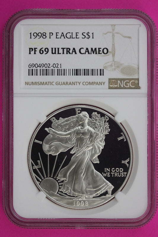 1998 P PF 69 Silver American Eagle Ultra Cameo Authentic Proof Coin NGC 1101