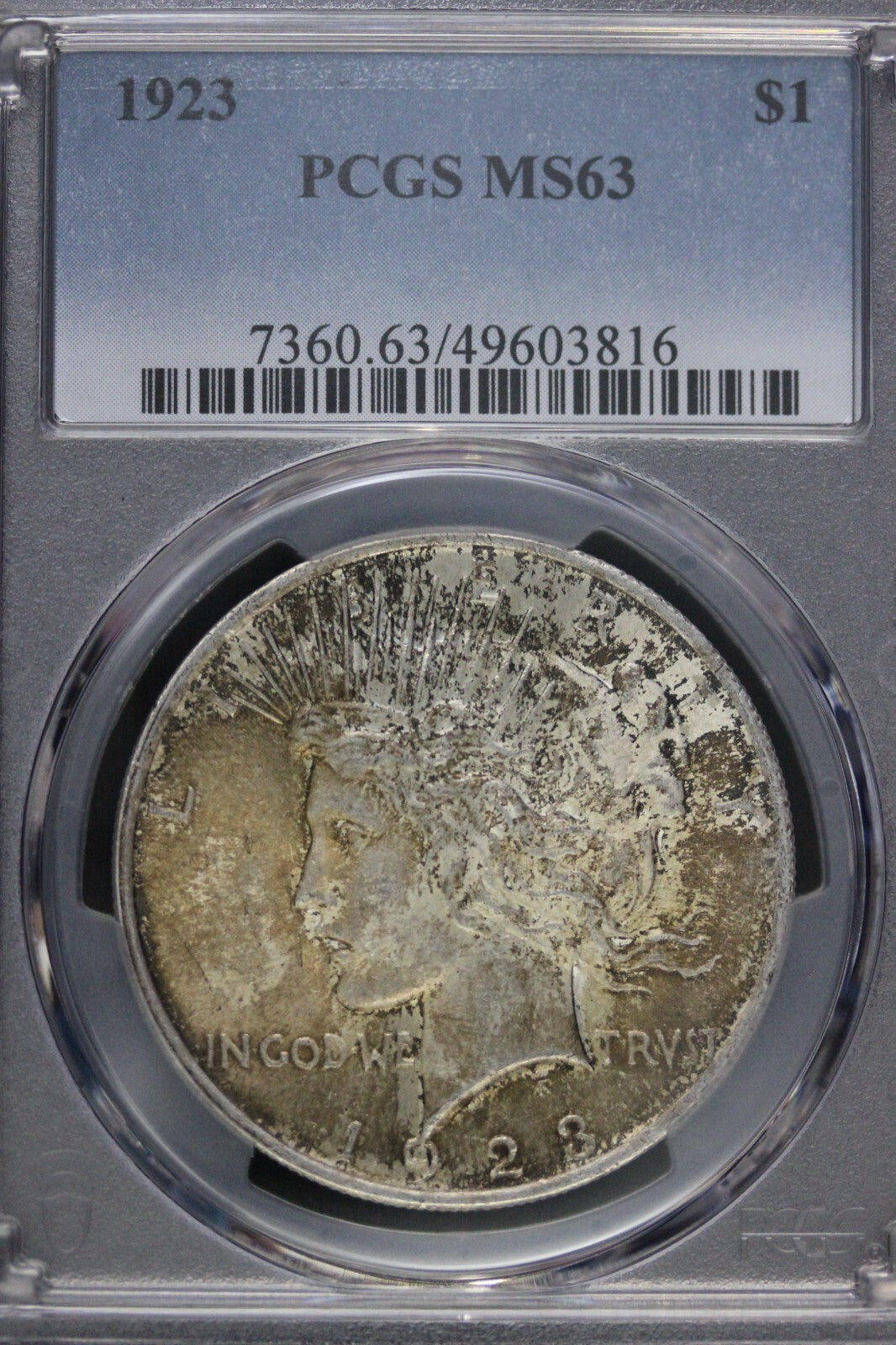 Toned 1923 P MS 62 Peace Silver Dollar PCGS Graded Certified Authentic Slab 72